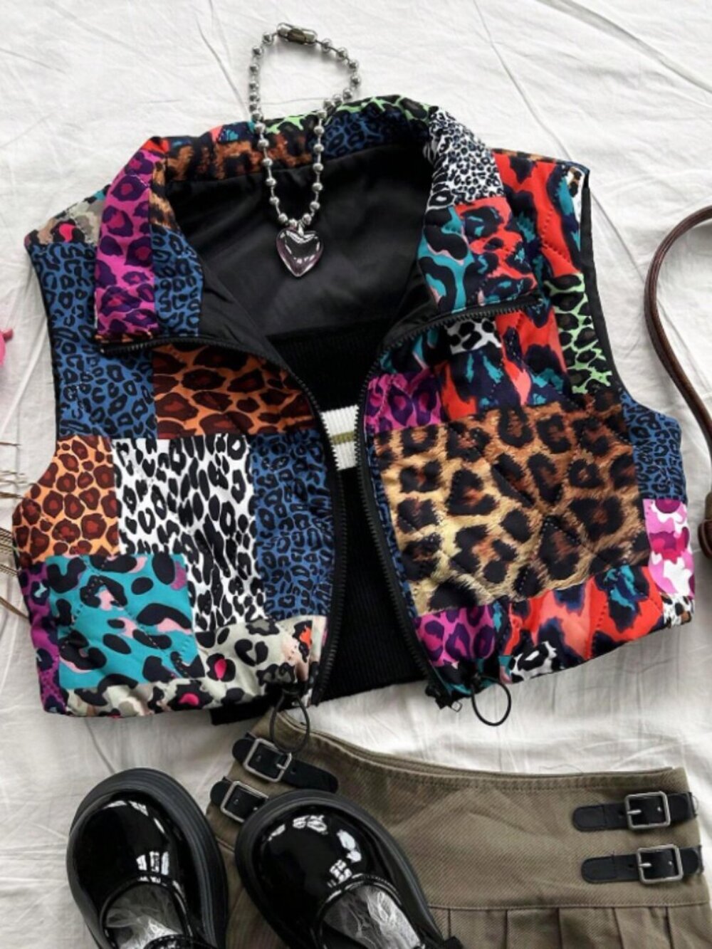 Casual Colorblock Leopard Print Front Zip Sleeveless Vest